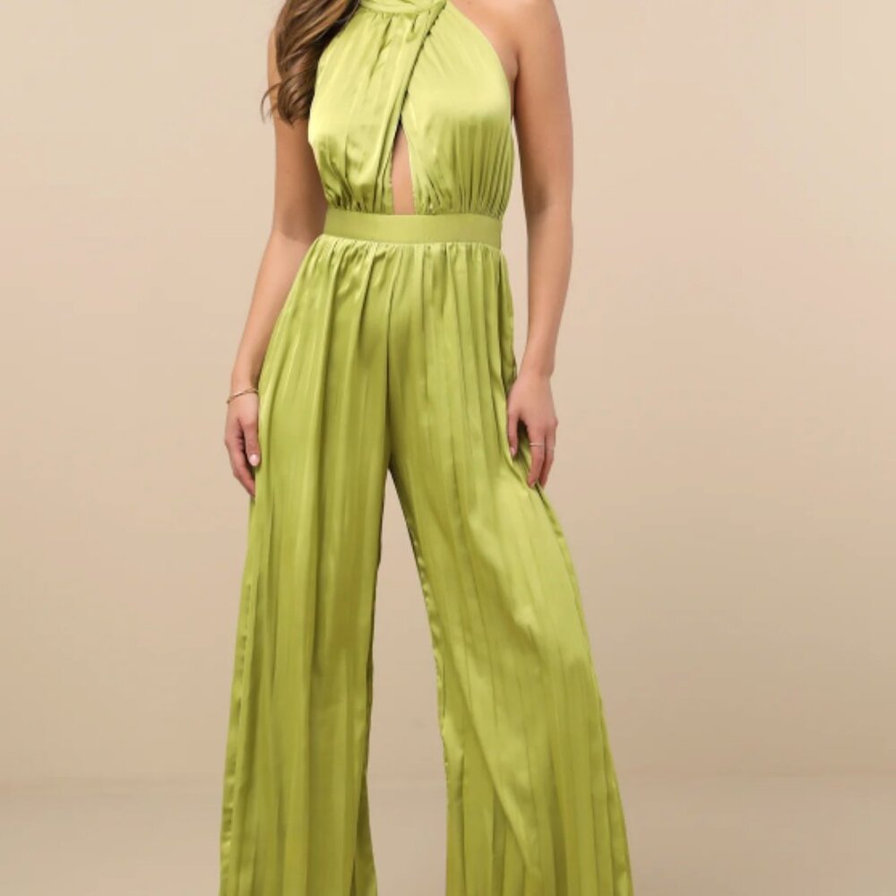 Lulu's Lime Green Satin Halter Jumpsuit